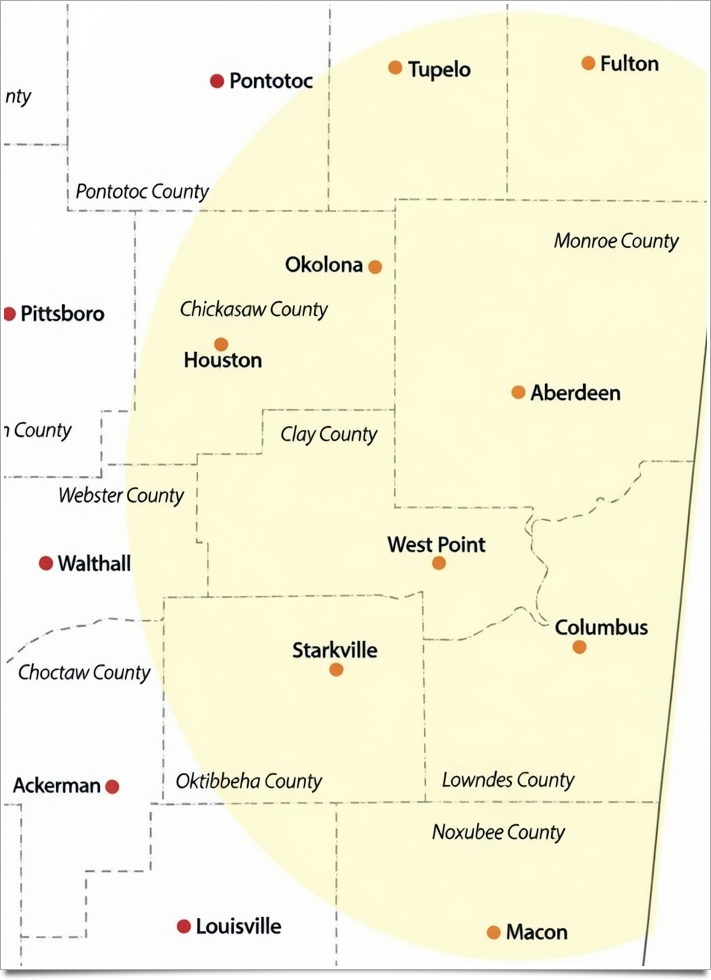 Country Lane Lawn Care's general service area in Mississippi